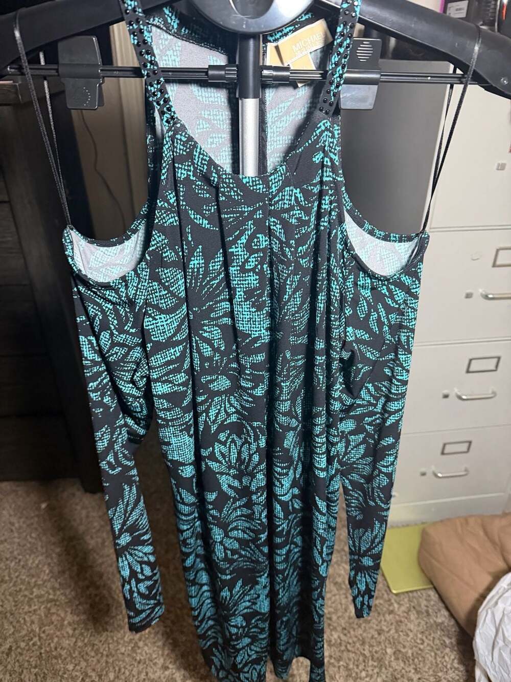 Michael Kors Cold-Shoulder Long Sleeve Dress Black Teal Leaf Print Medium